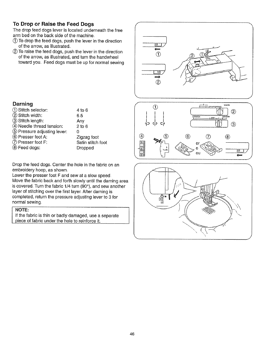 To drop or raise the feed dogs, Darning | Kenmore 385.162213 User Manual | Page 58 / 111