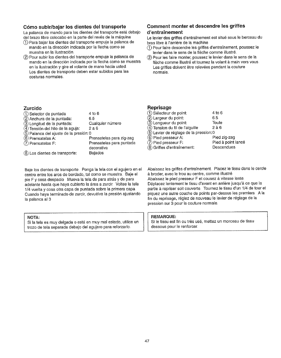 Cómo subir/bajar los dientes del transporte, Zurcido | Kenmore 385.162213 User Manual | Page 59 / 111