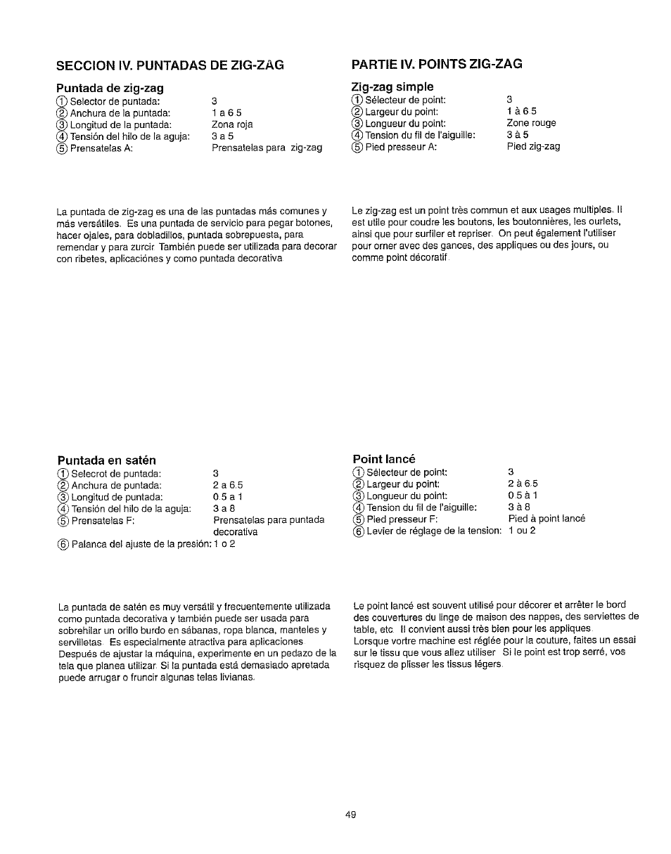 Seccion iv. puntadas de zig-zag, Puntada de zig-zag, Partie iv. points zig-zag | Zig-zag simple | Kenmore 385.162213 User Manual | Page 61 / 111