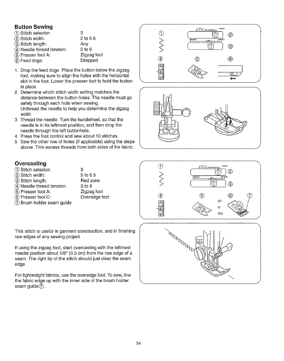Button sewing, Overcasting | Kenmore 385.162213 User Manual | Page 66 / 111