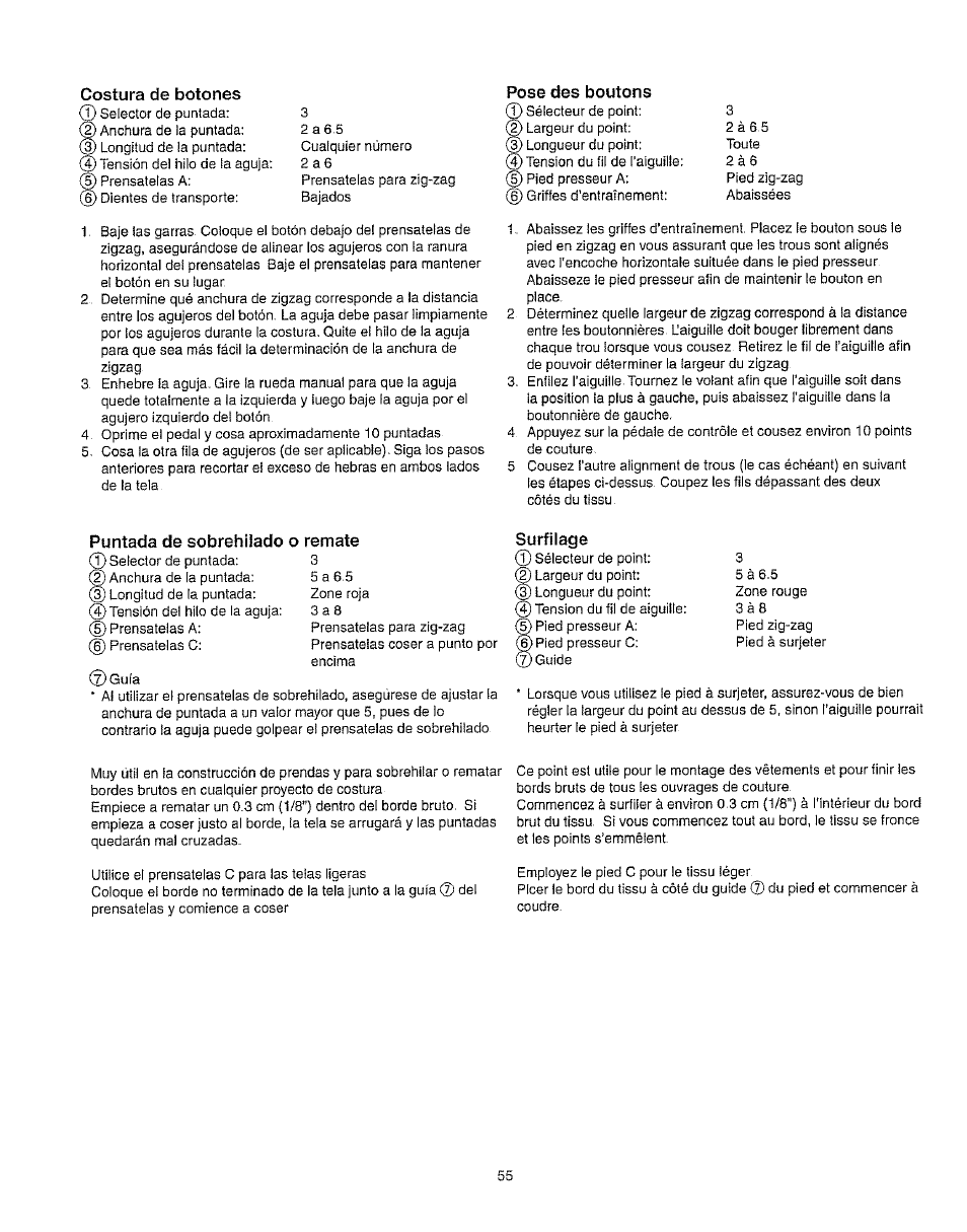 Costura de botones, Pose des boutons, Puntada de sobrehilado о remate | Surfilage, Costura de botones puntada de sobrehilado o remate, Pose des boutons surfllage | Kenmore 385.162213 User Manual | Page 67 / 111