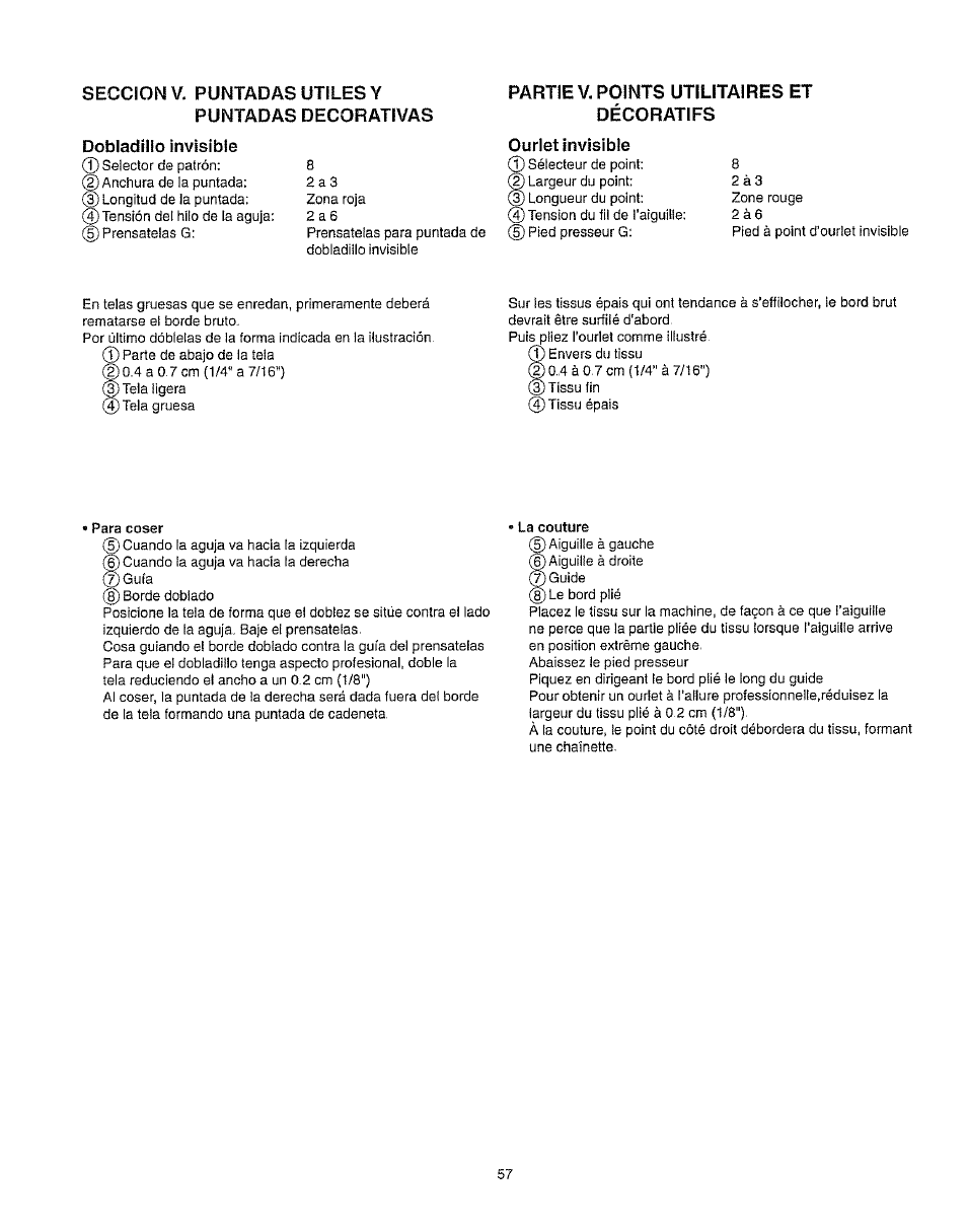 Seccion v. puntadas utiles y, Puntadas decorativas, Dobladillo invisible | Partie v. points utilitaires et décoratifs, Ourlet invisible, Puntadas deco rativas | Kenmore 385.162213 User Manual | Page 69 / 111