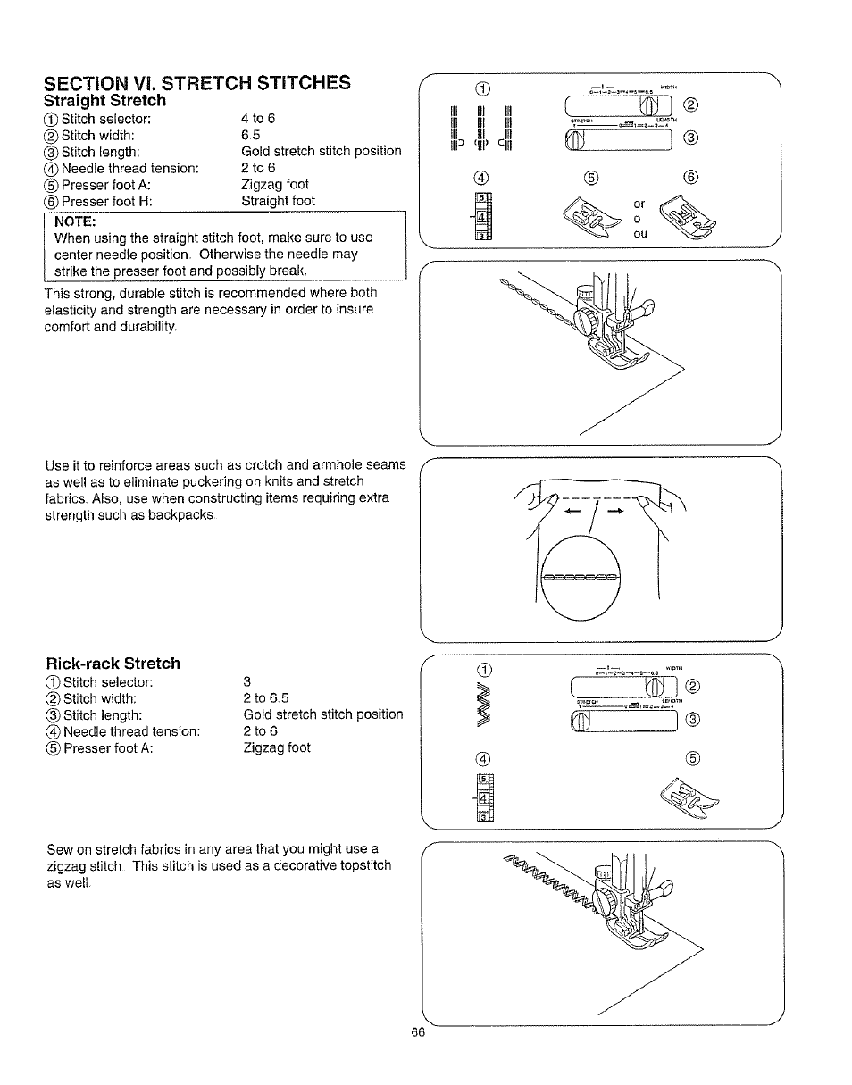 Straight stretch, Rick-rack stretch, Straight stretch rick-rack stretch | 0 needle thread tension: © presser foot a | Kenmore 385.162213 User Manual | Page 78 / 111