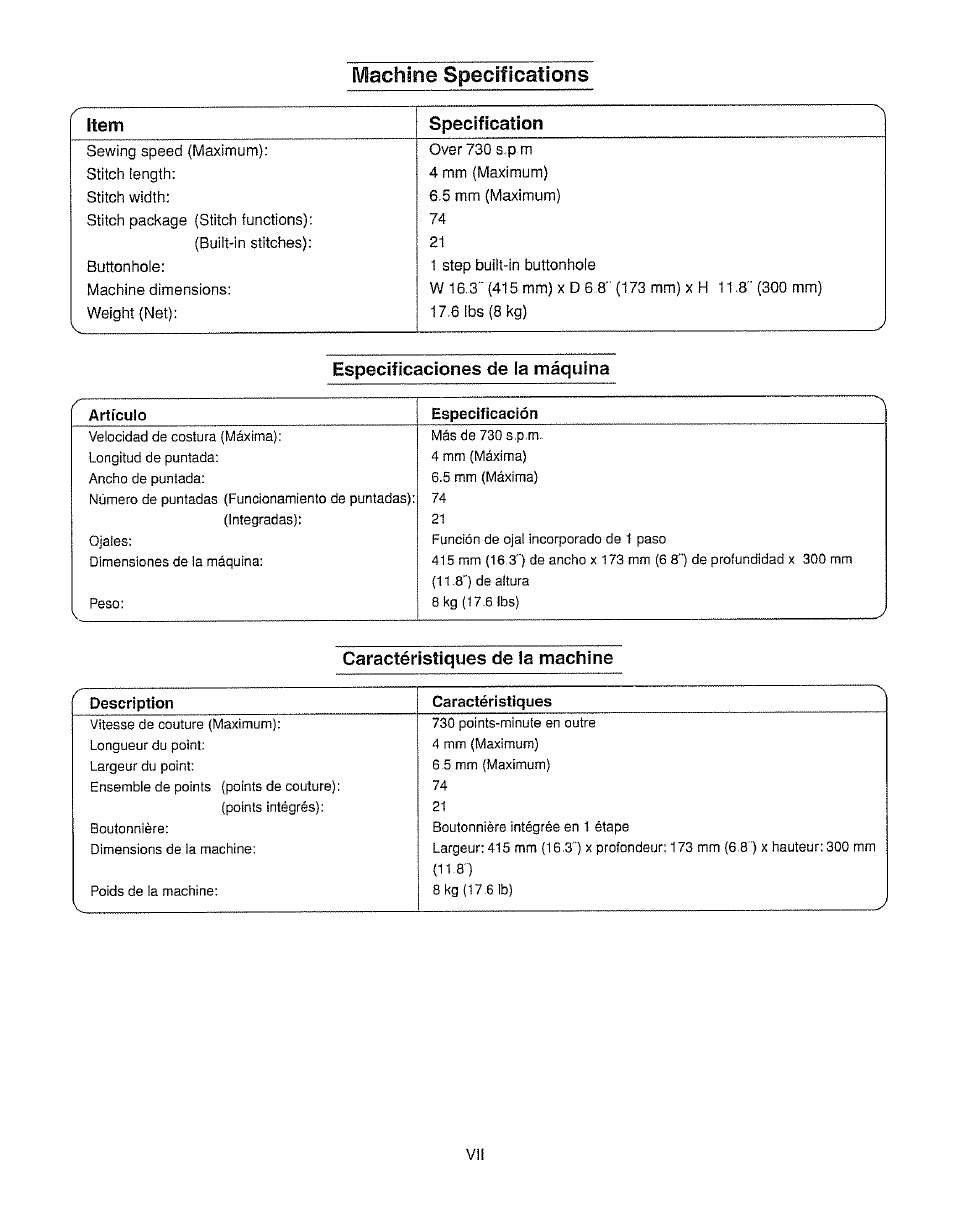 Especificaciones de la máquina, Caractéristiques de la machine, Machine specifications | Kenmore 385.162213 User Manual | Page 8 / 111