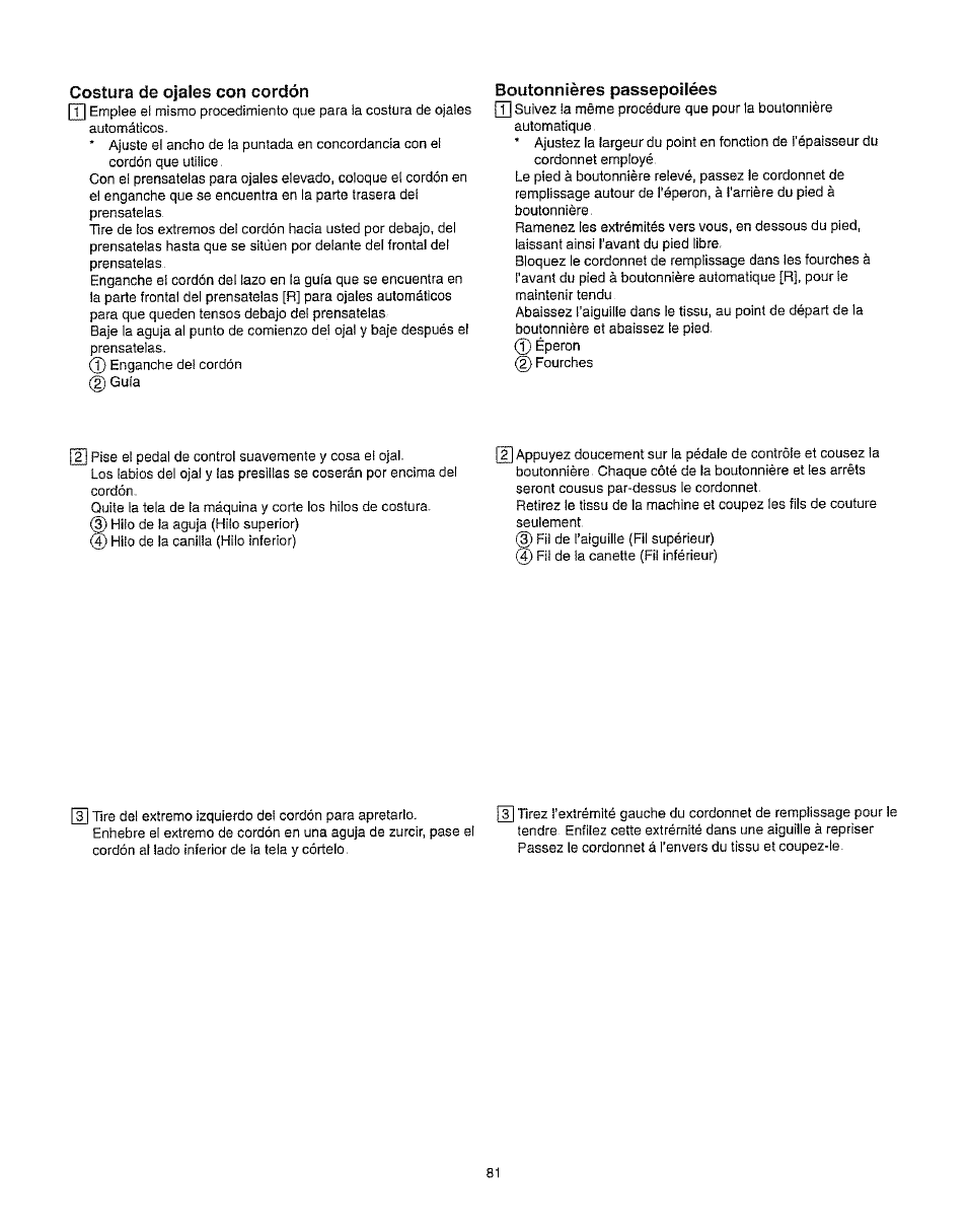 Costura de ojales con cordón, Boutonnières passepoilées | Kenmore 385.162213 User Manual | Page 93 / 111