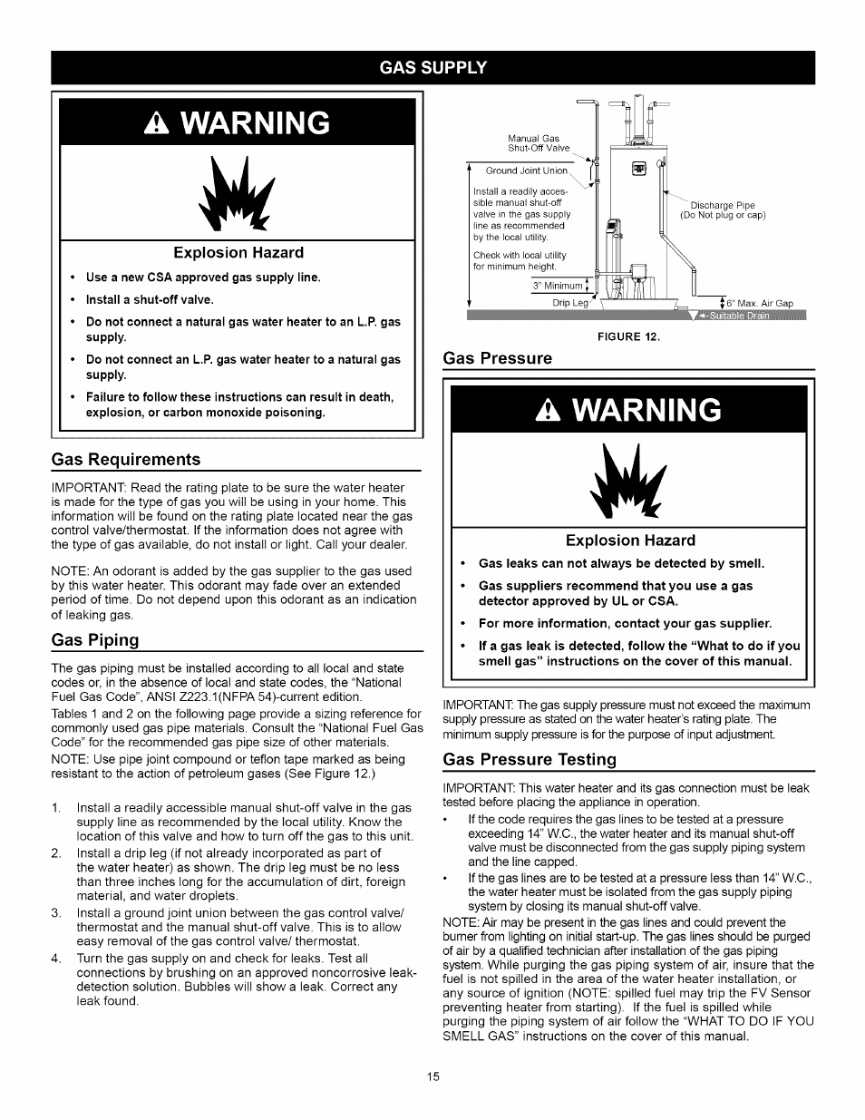 Explosion hazard, Gas requirements, Gas piping | Gas pressure, Gas pressure testing, Location requirements, Warning | Kenmore ELITE 153.33264 User Manual | Page 15 / 44