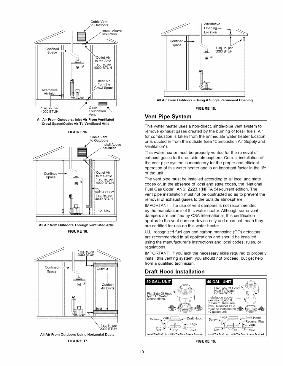 Vent pipe system, Draft hood installation, Draft hood installation -20 | Kenmore ELITE 153.33264 User Manual | Page 19 / 44