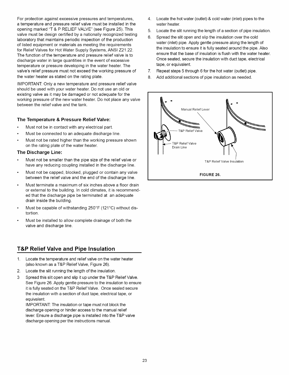 The temperature & pressure relief valve, T&p relief valve and pipe insulation, Temperature and pressure relief valve | Kenmore ELITE 153.33264 User Manual | Page 23 / 44