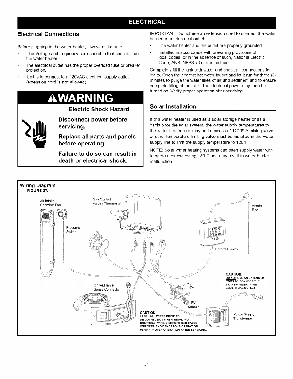 Electrical, Electrical connections, Solar installation | Wiring diagram, Awarning, Jllj | Kenmore ELITE 153.33264 User Manual | Page 24 / 44