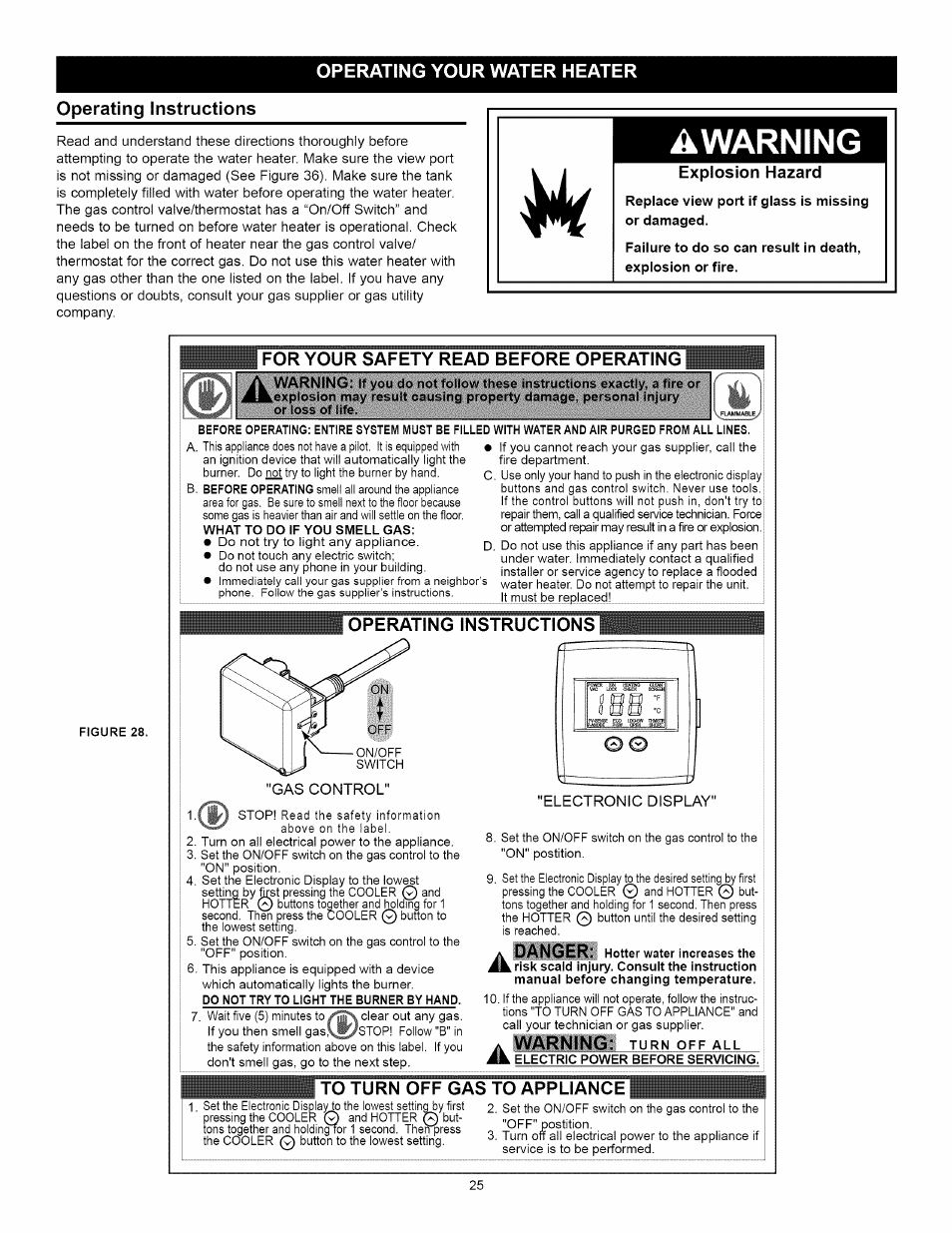 Operating your water heater, Operating instructions, Awarning | Explosion hazard, For your safety read before operating, To turn off gas to appliance, Operating your water heater -30, Lighting instructions | Kenmore ELITE 153.33264 User Manual | Page 25 / 44