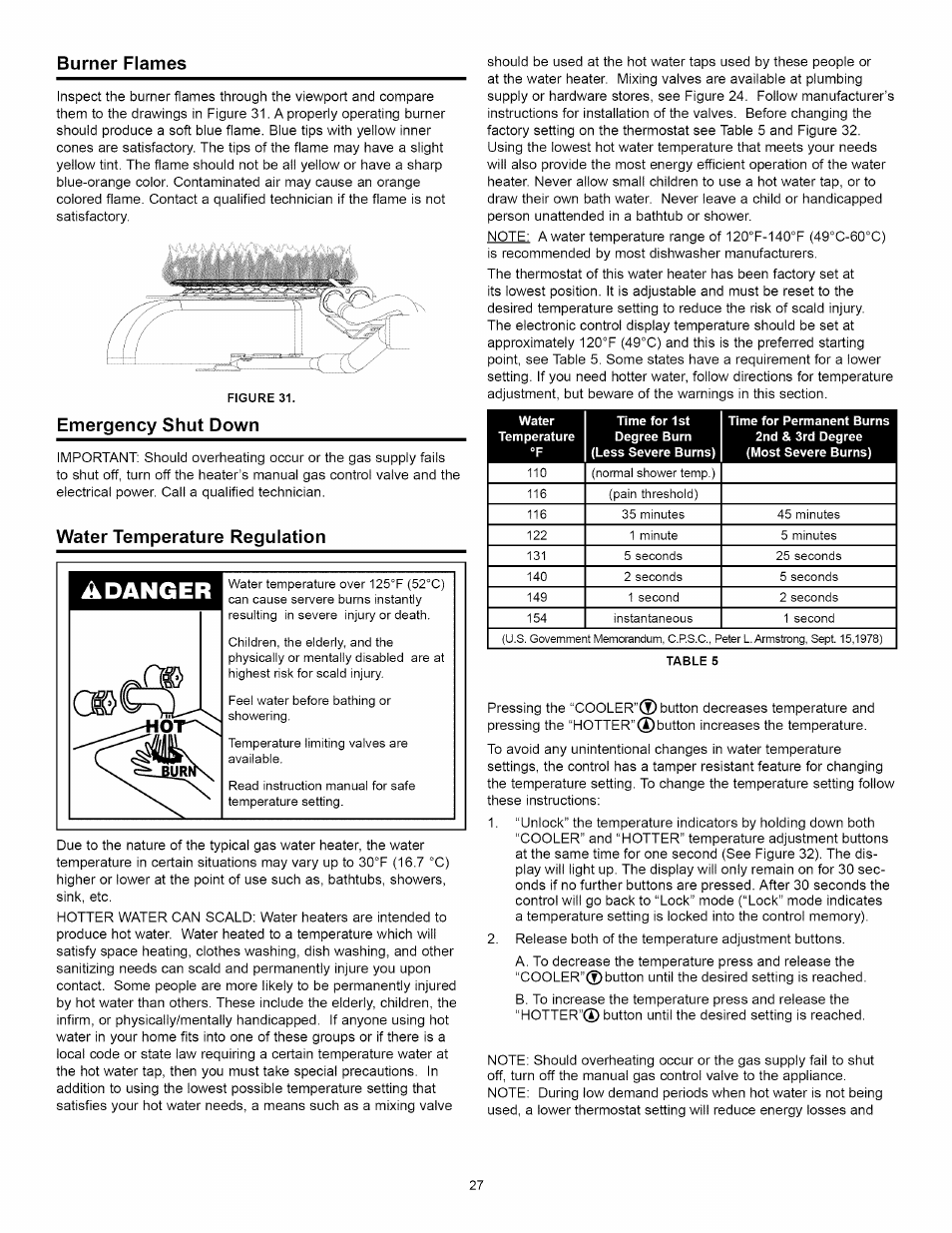 Burner flames, Emergency shut down, Water temperature regulation | Water temperature regulation -28, Adanger | Kenmore ELITE 153.33264 User Manual | Page 27 / 44