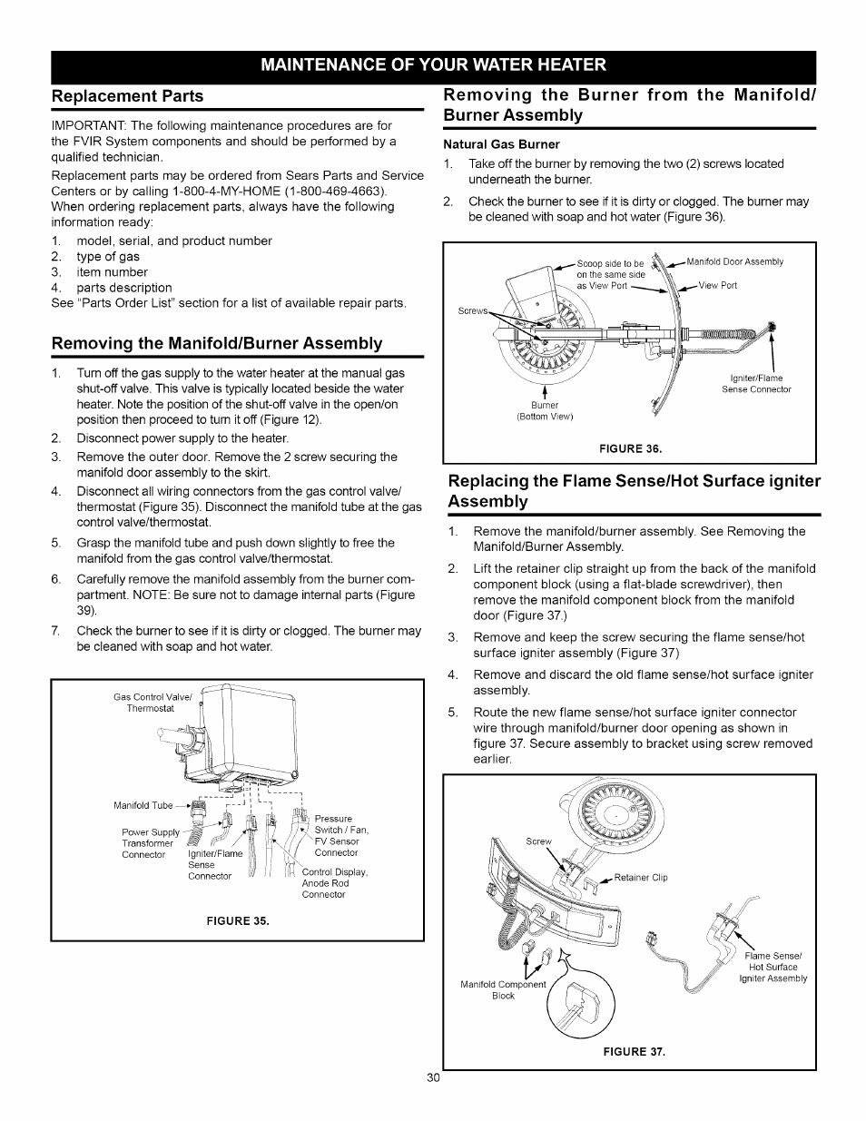 Maintenance of your water heater, Replacement parts, Removing the manifold/burner assembly | Maintenance of your water heater -32 | Kenmore ELITE 153.33264 User Manual | Page 30 / 44