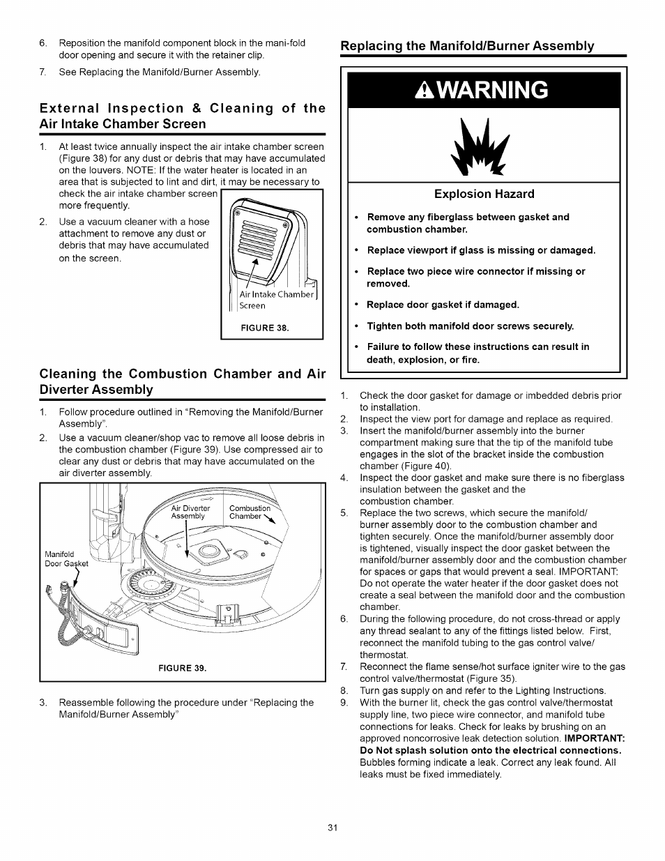 Cleaning the combustion chamber and air, Diverter assembly, Awarning | Kenmore ELITE 153.33264 User Manual | Page 31 / 44