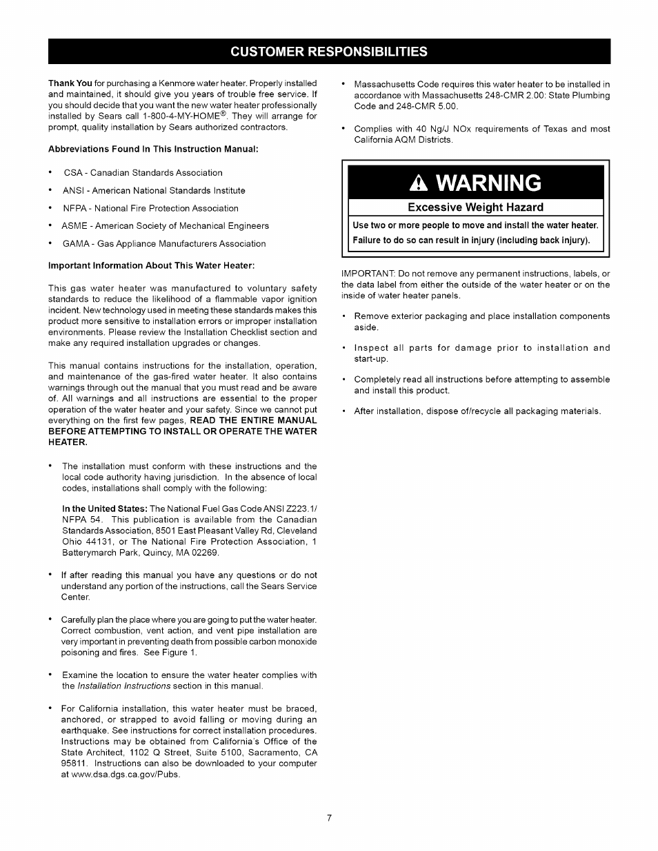 Customer responsibilities, A warning | Kenmore ELITE 153.33264 User Manual | Page 7 / 44