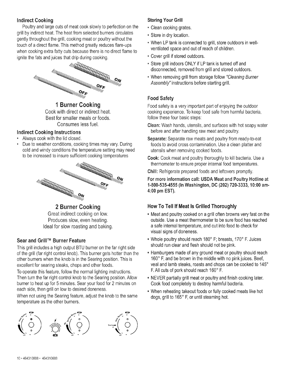 1 burner cooking, Indirect cooking instructions, 2 burner cooking | Sear and grill™ burner feature, Food safety, How to tell if meat is grilled thoroughly, 2^, *m( o | Kenmore 415.161278 User Manual | Page 10 / 28