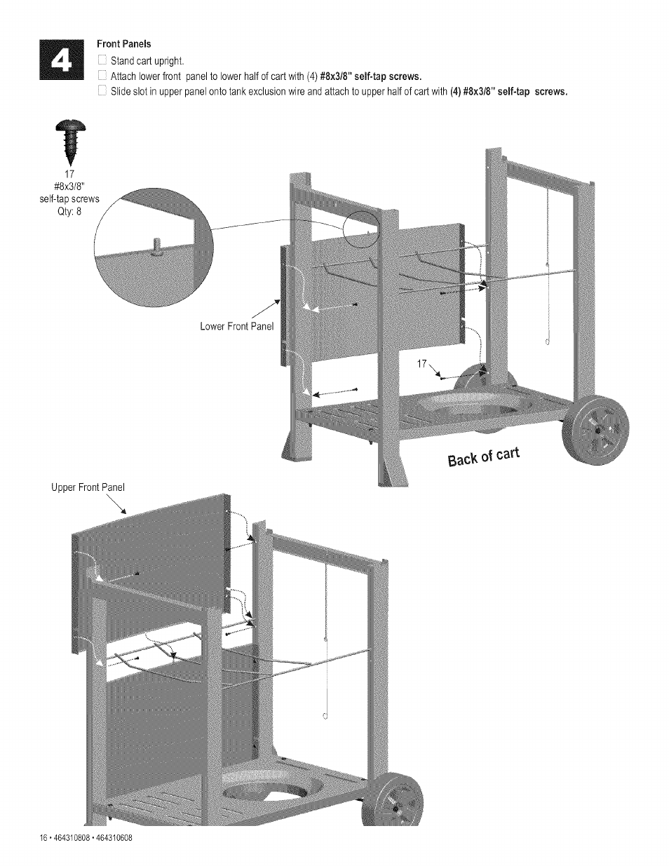 Front panels, Back of cart | Kenmore 415.161278 User Manual | Page 16 / 28
