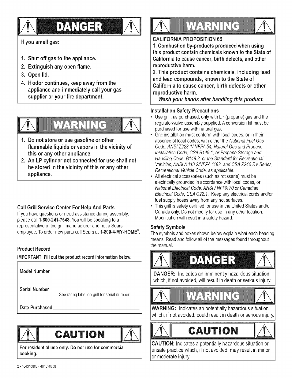 Danger, Caution, A l a | Kenmore 415.161278 User Manual | Page 2 / 28