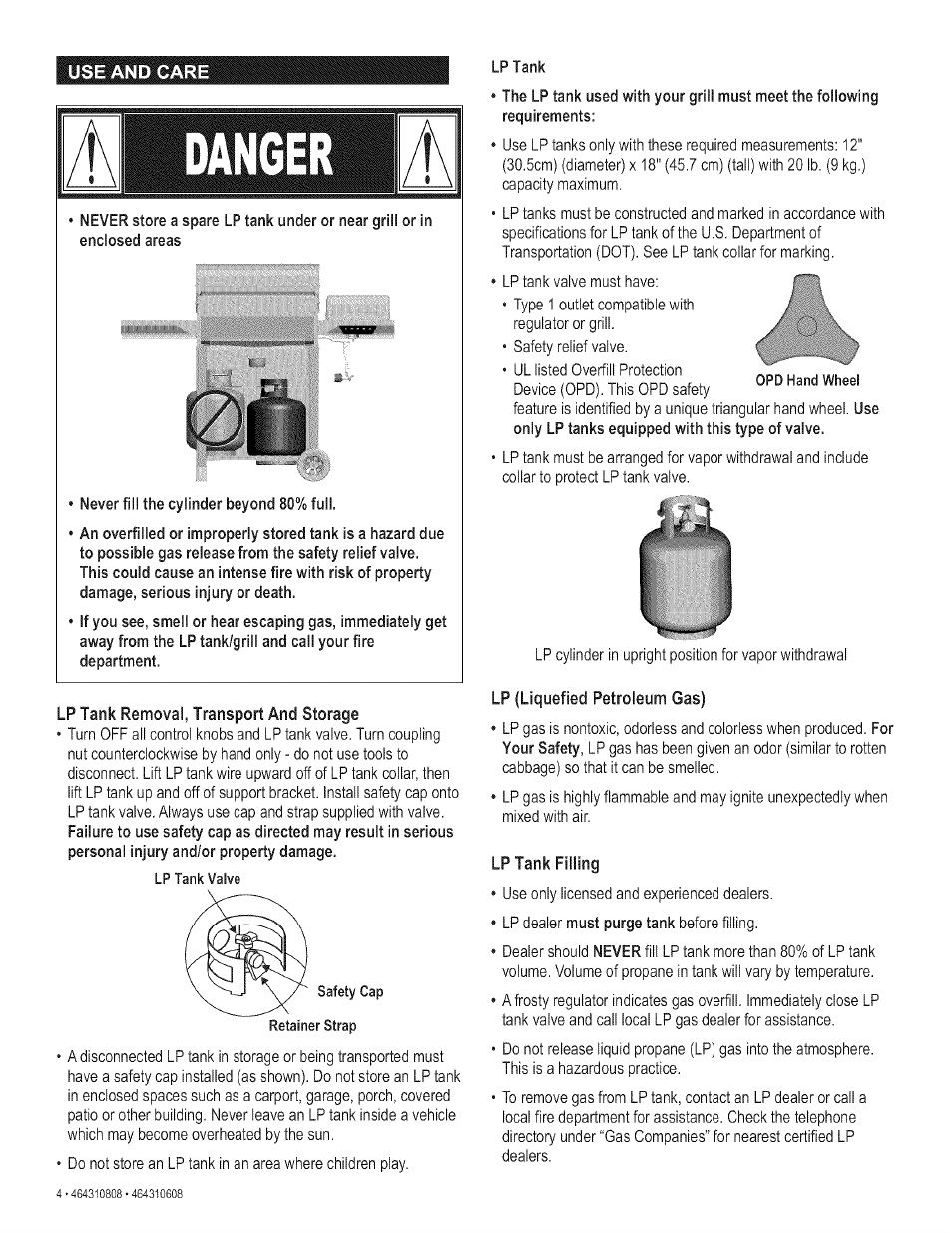 Lp tank removal, transport and storage, Lp tank filling | Kenmore 415.161278 User Manual | Page 4 / 28