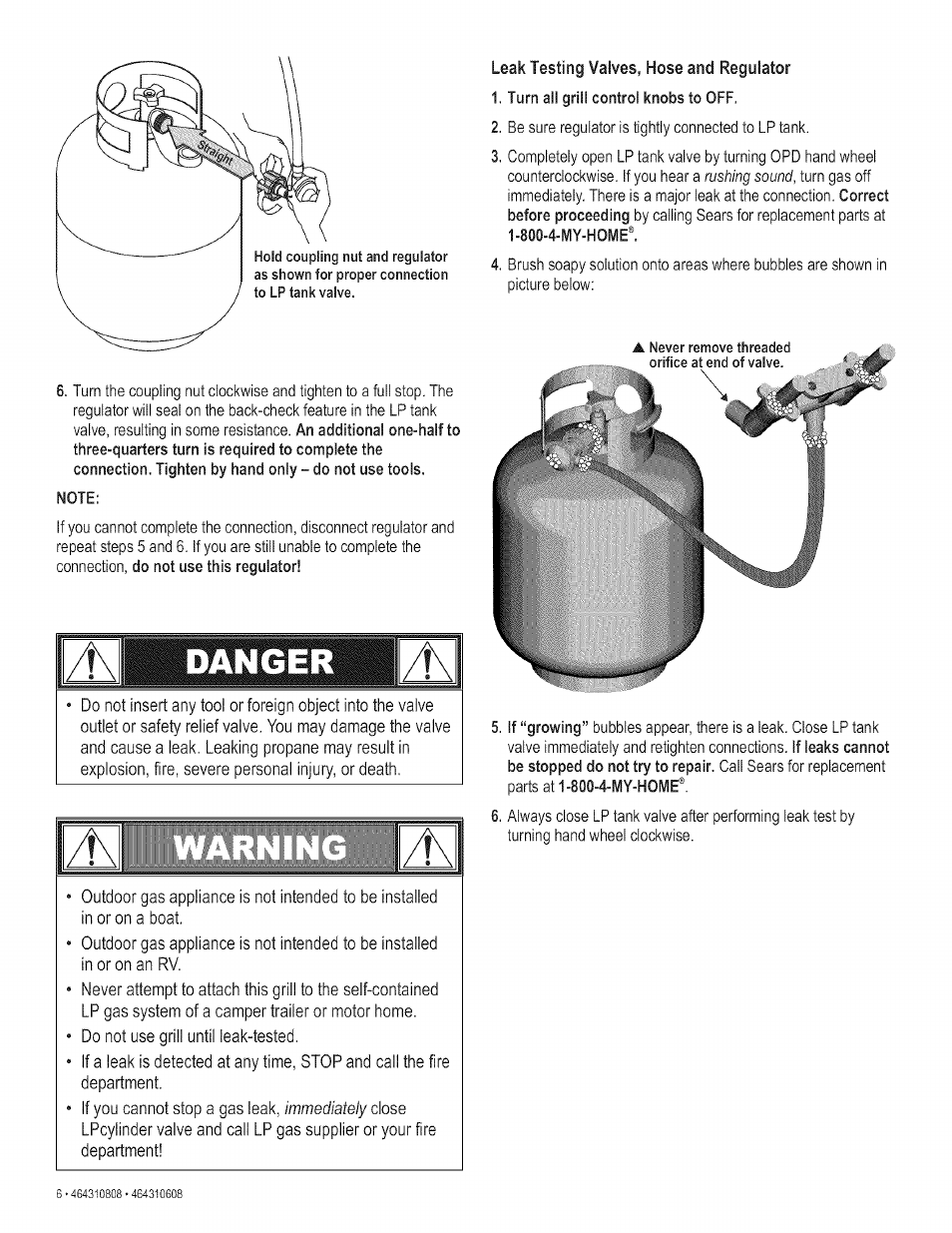 Leak testing valves, hose and regulator, Danger | Kenmore 415.161278 User Manual | Page 6 / 28