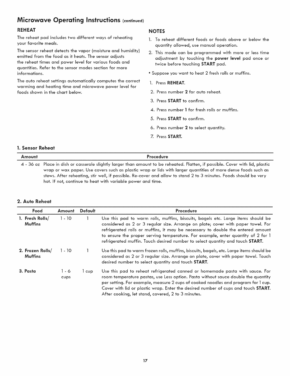 Procedure, Food, Amount default | Microwave operating instructions | Kenmore ELITE 790.488 User Manual | Page 17 / 46