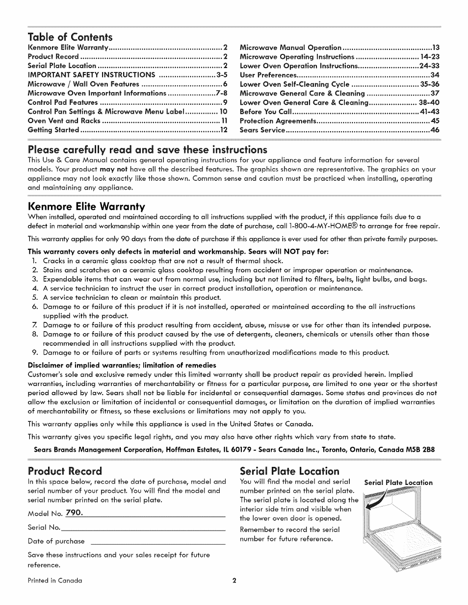 Table ©f contents, Please carefully read and save these instructions, Kenmore elite warranty | Product record, Serial plate location | Kenmore ELITE 790.488 User Manual | Page 2 / 46