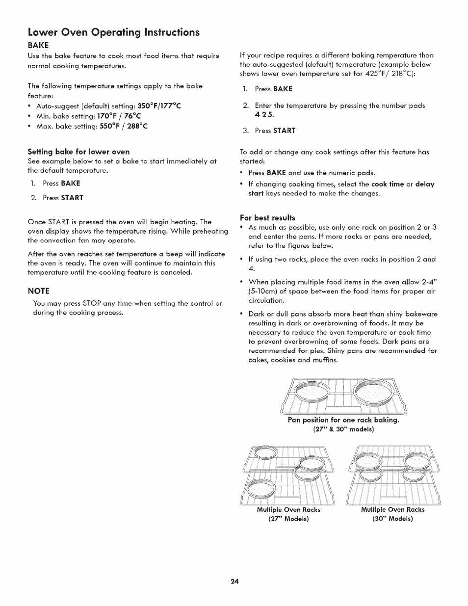 Setting bake for lower oven, Note, For best results | Lower oven operating instructions | Kenmore ELITE 790.488 User Manual | Page 24 / 46