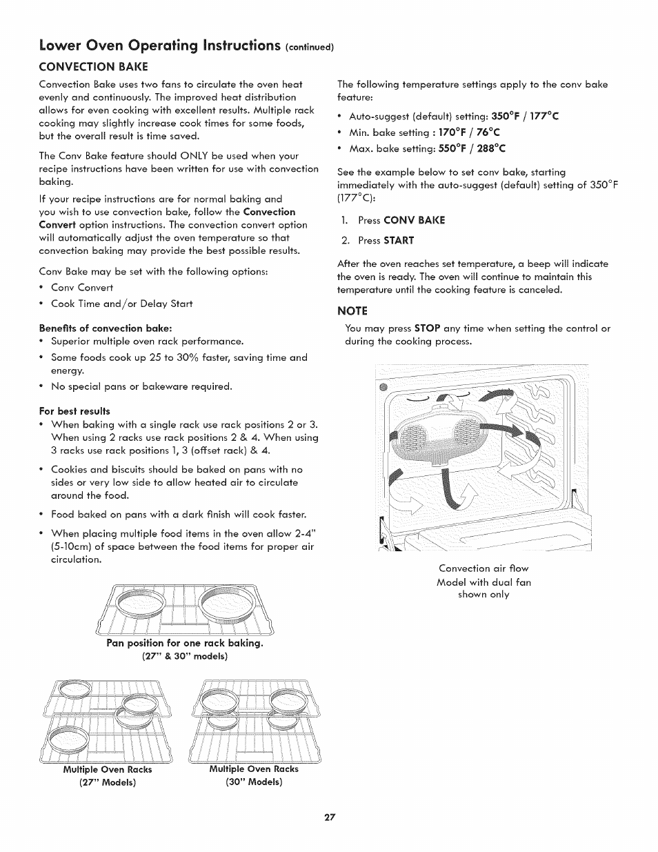 Pan position for one rack baking, Lower oven operating instructions | Kenmore ELITE 790.488 User Manual | Page 27 / 46