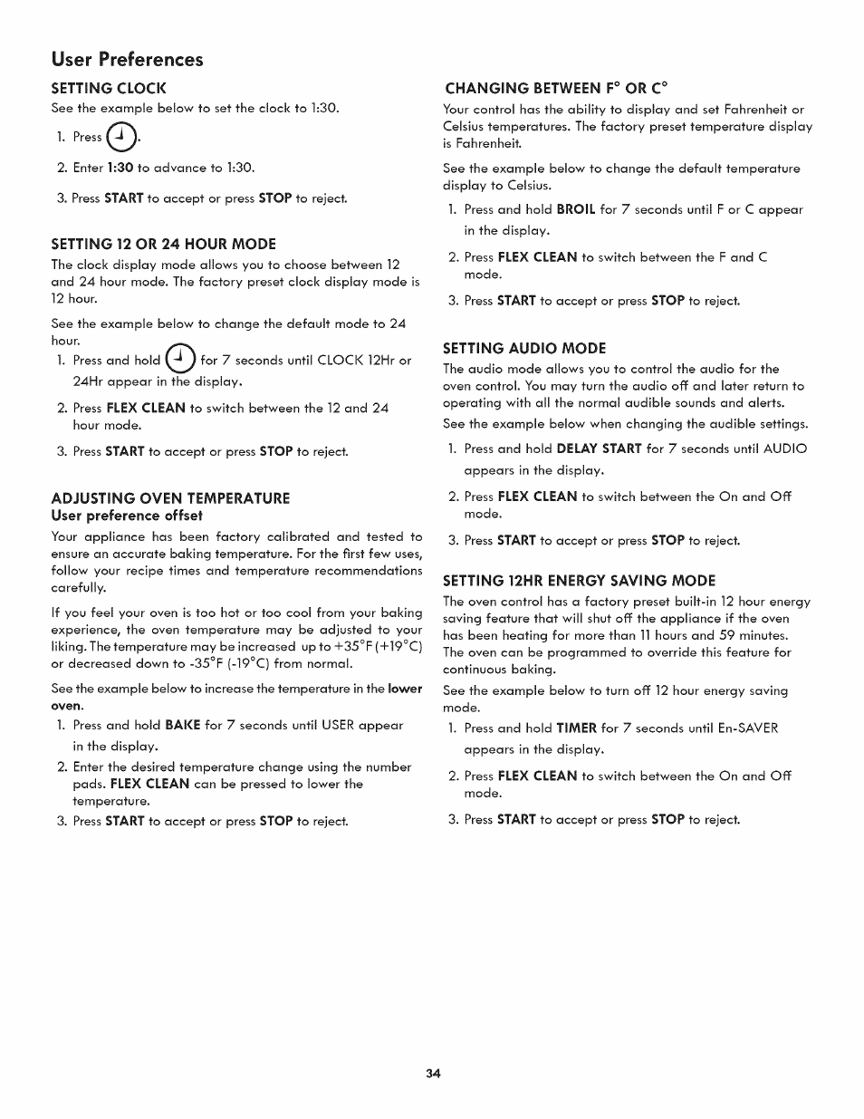 User preferences | Kenmore ELITE 790.488 User Manual | Page 34 / 46