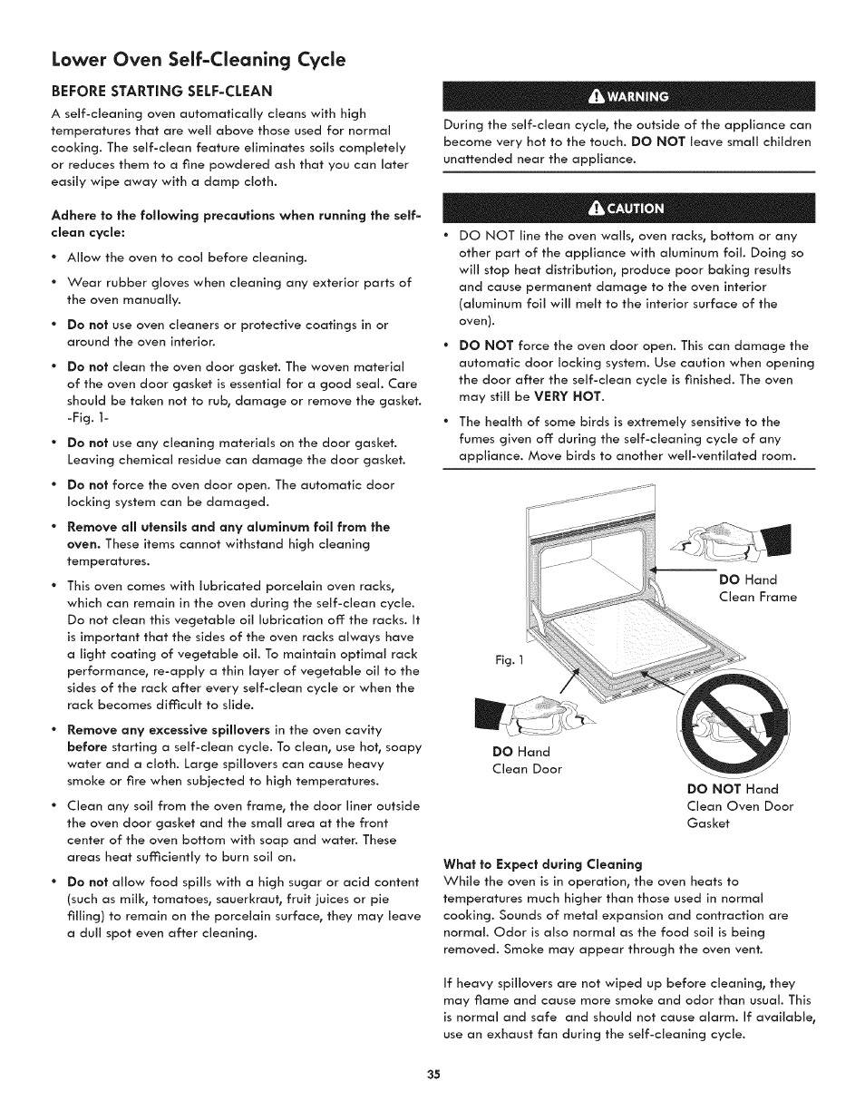 Warning, A caution, What to expect during cleaning | Lower oven seif-cleaning cycle | Kenmore ELITE 790.488 User Manual | Page 35 / 46