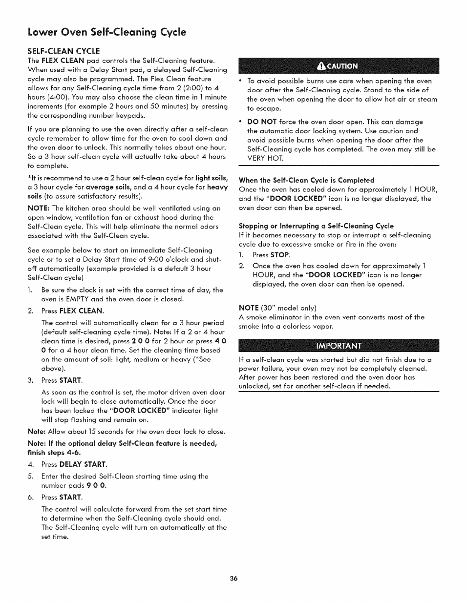 Press flex clean, Press delay start, Caution | When the self-clean cycle is completed, Stopping or interrupting a self-cleaning cycle, Lower oven seif-cleaning cycle | Kenmore ELITE 790.488 User Manual | Page 36 / 46