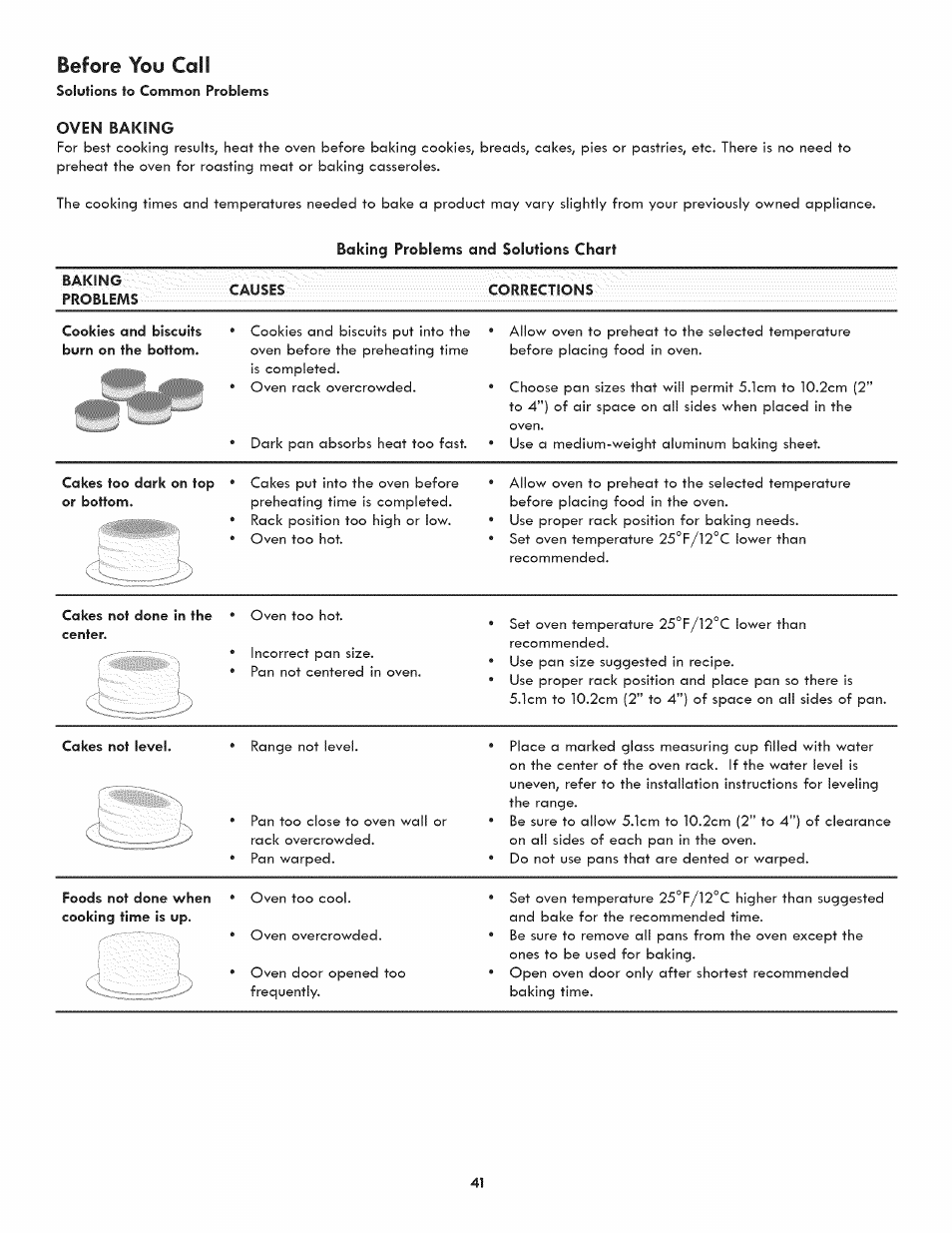 Baking problems and solutions chart, Before you call | Kenmore ELITE 790.488 User Manual | Page 41 / 46