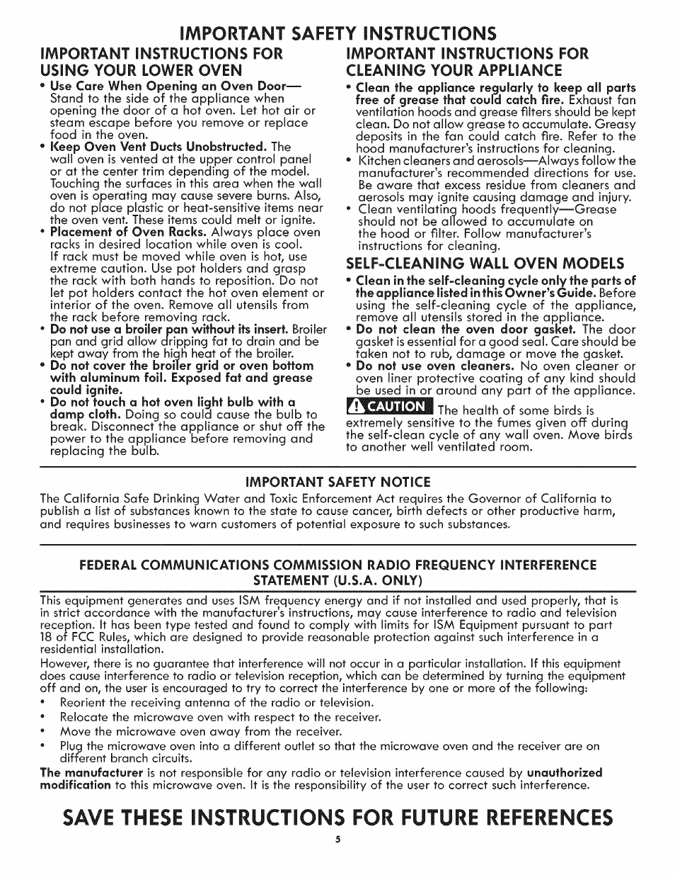 Important safety instructions, Save these instructions for future references, Important instructions for using your lower oven | Kenmore ELITE 790.488 User Manual | Page 5 / 46