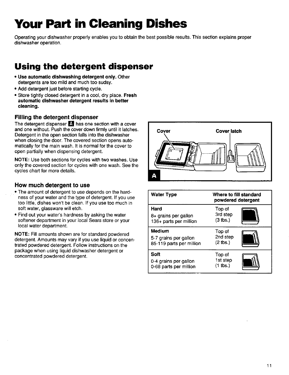 Your part in cleaning dishes, Using the detergent dispenser | Kenmore ULTRA WASH 15838 User Manual | Page 12 / 26