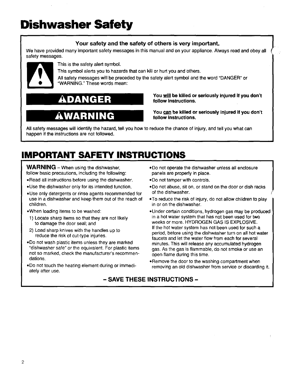 Danger, Awarning, Important safety instructions | Dishwasher safety, Danger awarning | Kenmore ULTRA WASH 15838 User Manual | Page 3 / 26