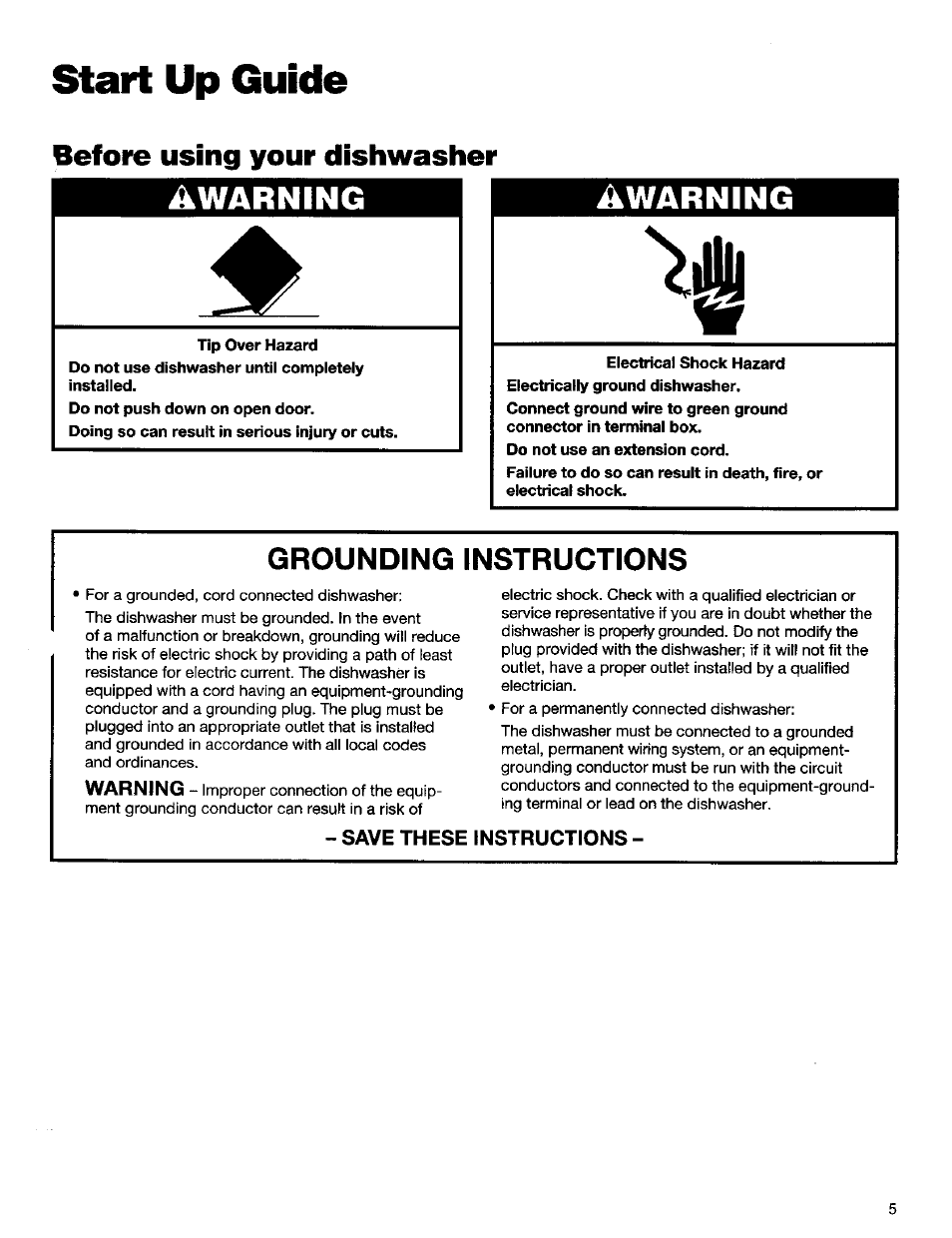 Awarning, Tip over hazard, Grounding instructions | Start up guide, Before using your dishwasher | Kenmore ULTRA WASH 15838 User Manual | Page 6 / 26