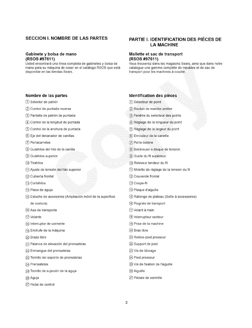 Partie i. identification des pieces de la machine, Seccion i. nombre de las partes, Nombre de las partes | Identification des pièces .... (t) | Kenmore 385.15408 User Manual | Page 15 / 65