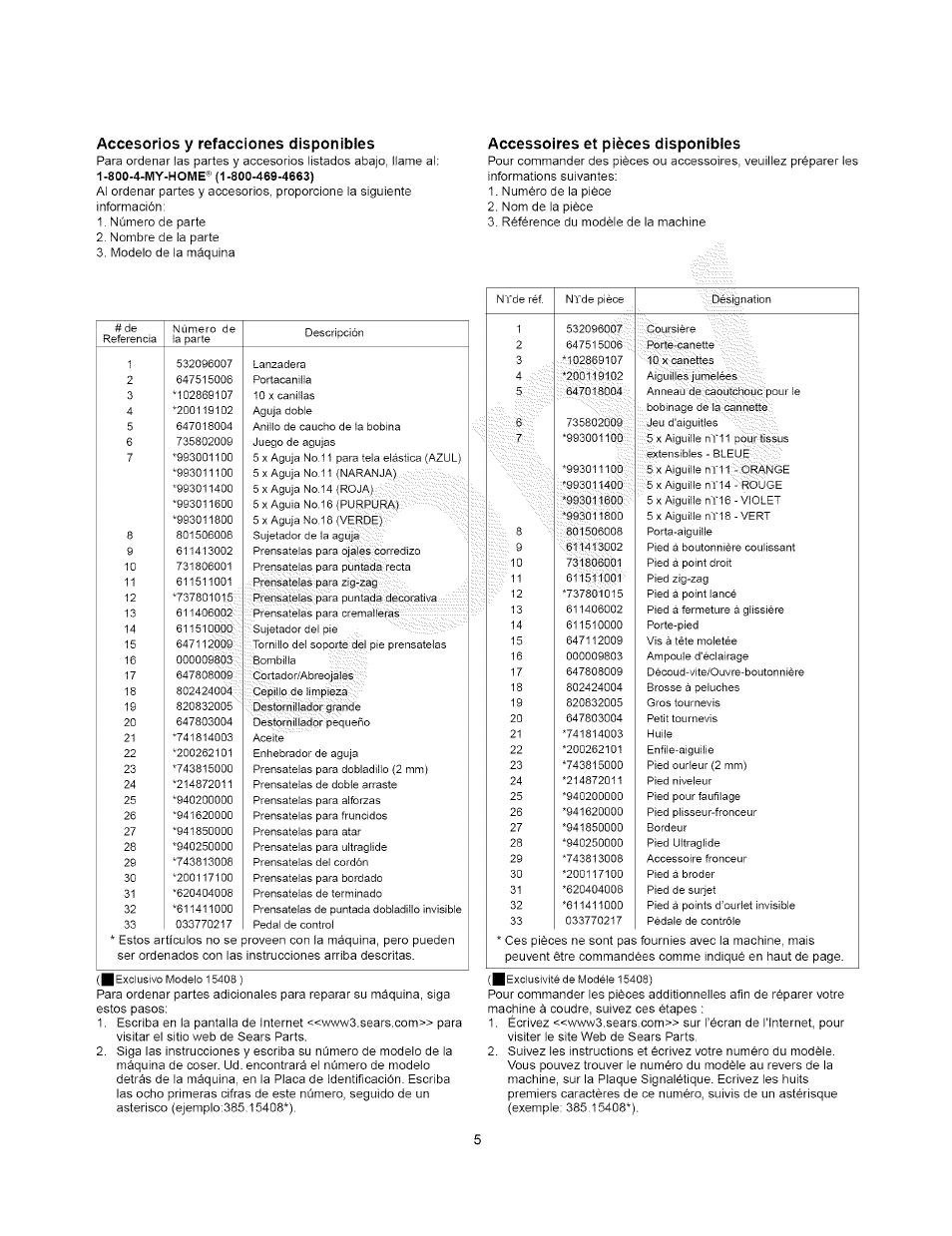 Accesorios y refacciones disponibies, Accessoires et pièces disponibles | Kenmore 385.15408 User Manual | Page 17 / 65