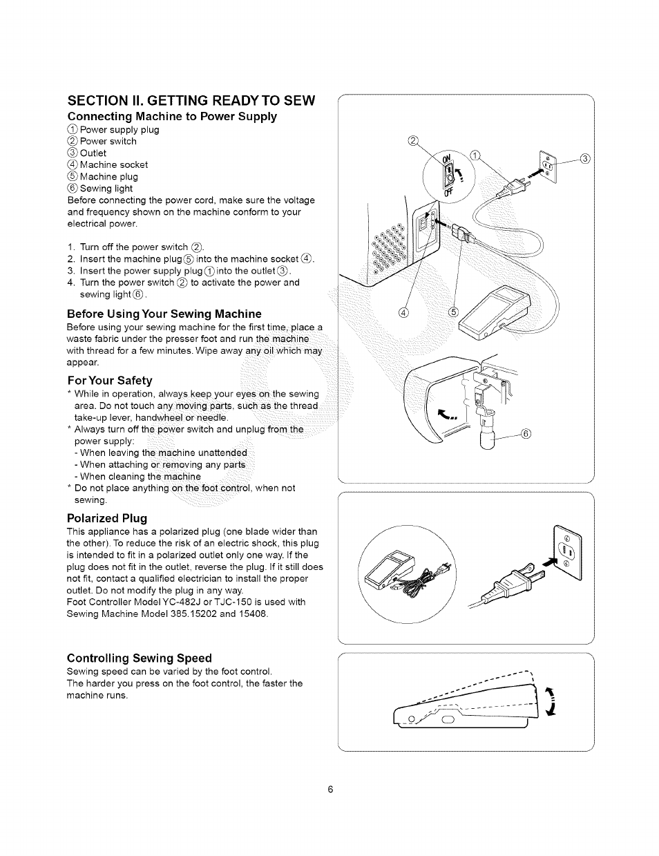 Section ii. getting ready to sew, Connecting machine to power supply, Before using your sewing machine | For your safety, Polarized plug, Controlling sewing speed, Polarized plug controlling sewing speed | Kenmore 385.15408 User Manual | Page 18 / 65