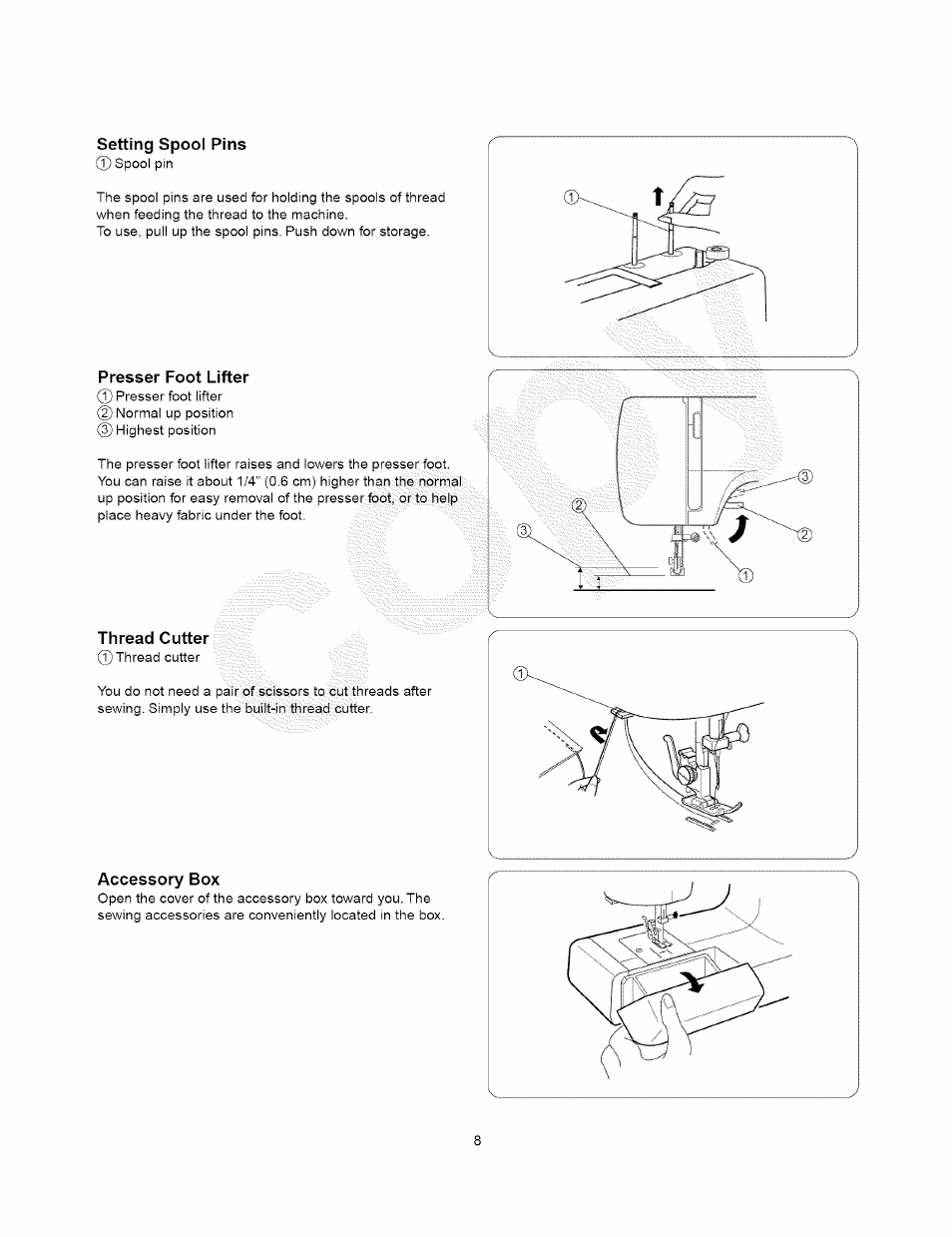 Setting spool pins, Presser foot lifter, Thread cutter | Accessory box, Presser foot types | Kenmore 385.15408 User Manual | Page 20 / 65