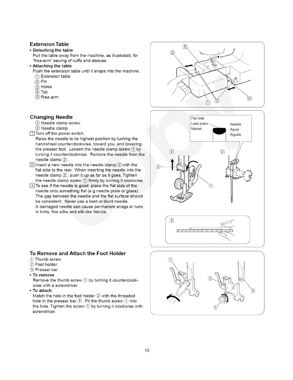 Extension table, Changing needle, To remove and attach the foot holder | Kenmore 385.15408 User Manual | Page 22 / 65