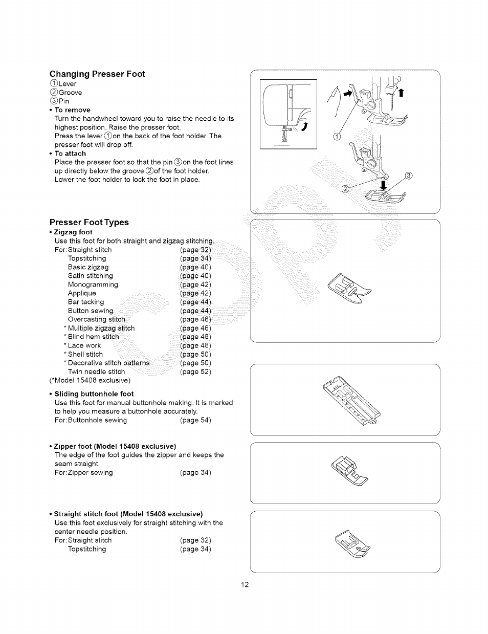 Changing presser foot, Presser foot types, Presser foot lifter | Kenmore 385.15408 User Manual | Page 24 / 65