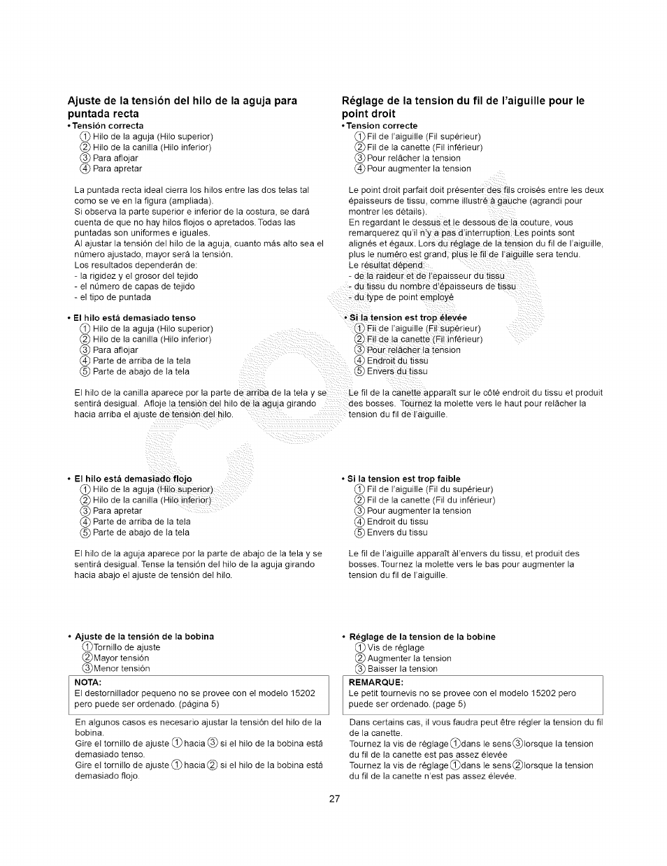 Tensión correcta, El hilo está demasiado tenso, Tension correcte | Si la tension est trop élevée, Ei hilo está demasiado flojo i, Si la tension est trop faible, Ajuste de la tensión de la bobina, Réglage de la tension de la bobine, Nota: remarque | Kenmore 385.15408 User Manual | Page 39 / 65