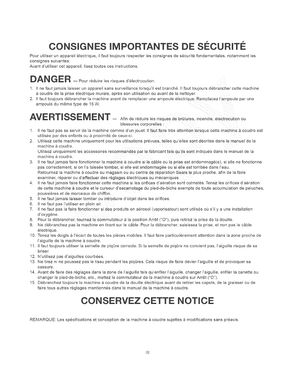 Consignes importantes de securite, Conservez cette notice, Danger | Avertissement | Kenmore 385.15408 User Manual | Page 4 / 65