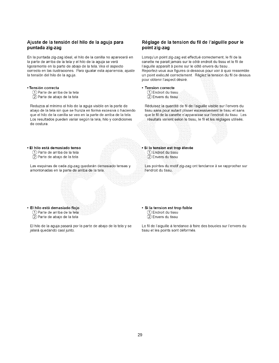 Tension correcte, Tensión correcta, Ei hilo está demasiado tenso | Si la tension est trop élevée, Ei hilo está demasiado flojo, Si la tension est trop faible | Kenmore 385.15408 User Manual | Page 41 / 65