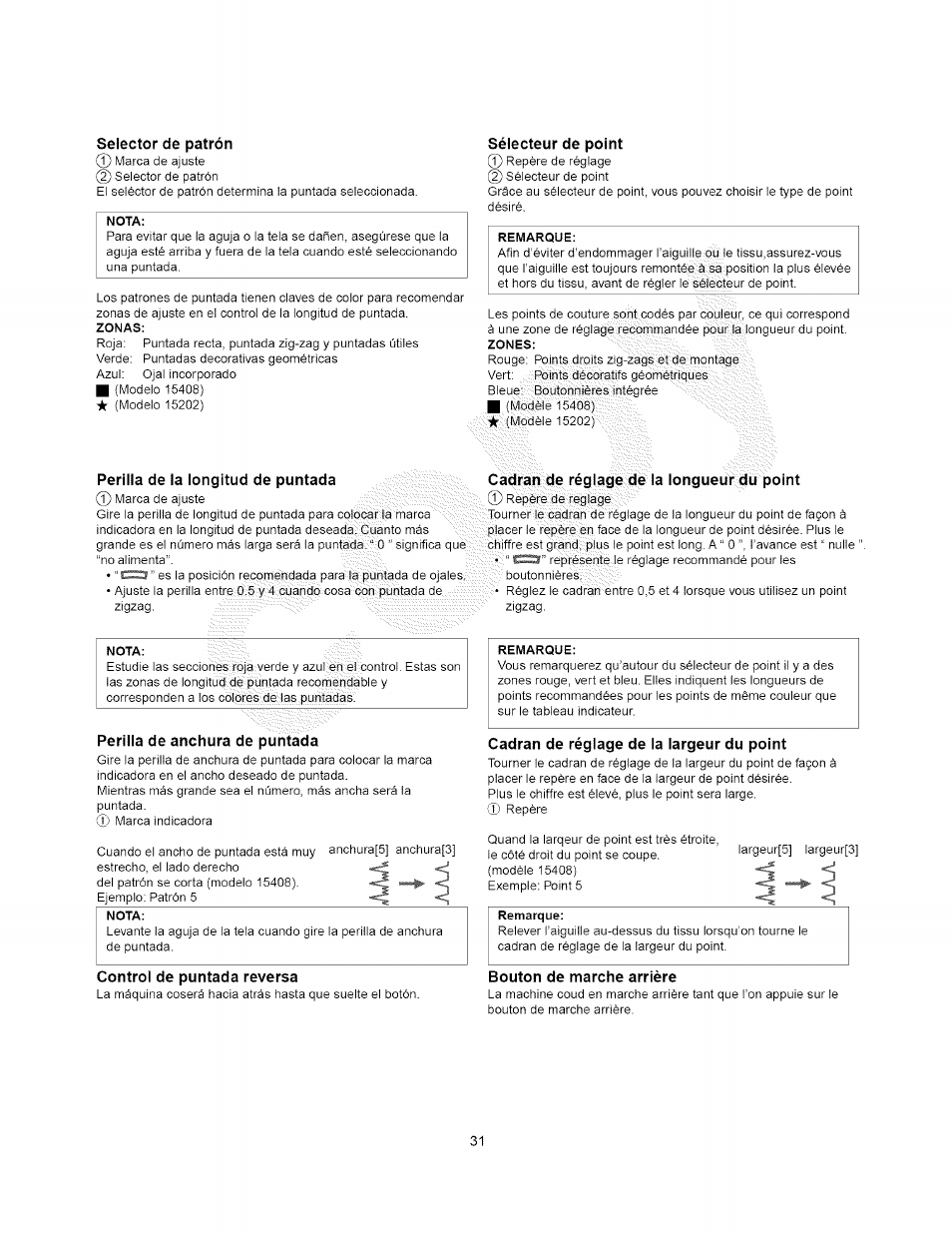 Selector de patrón, Sélecteur de point, Perilla de la longitud de puntada | Cadran de réglage de la longueur du point, Perilla de anchura de puntada, Cadran de réglage de la largeur du point, Control de puntada reversa, Bouton de marche arrière, Nota, Zonas | Kenmore 385.15408 User Manual | Page 43 / 65