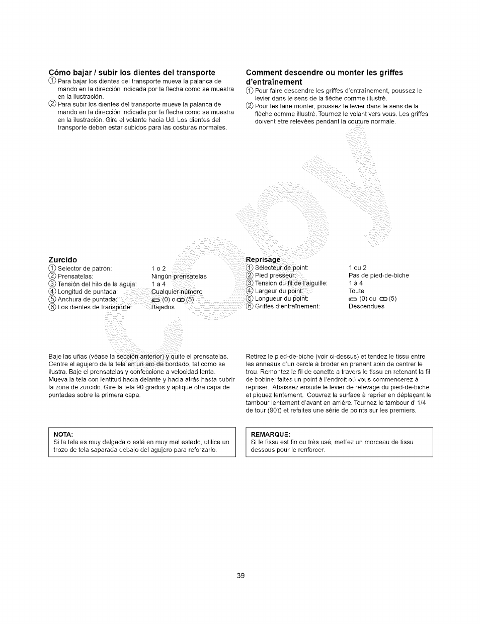 Cómo bajar / subir los dientes del transporte, Zurcido, Cómo bajar/subir ios dientes del transporte | Kenmore 385.15408 User Manual | Page 47 / 65