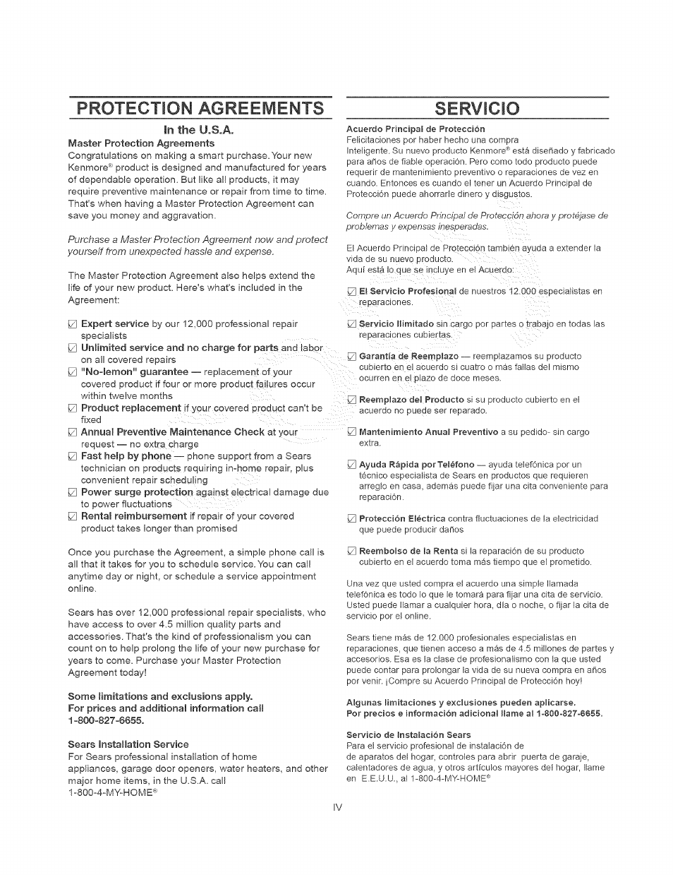 Servicio, Protection agreements | Kenmore 385.15408 User Manual | Page 5 / 65