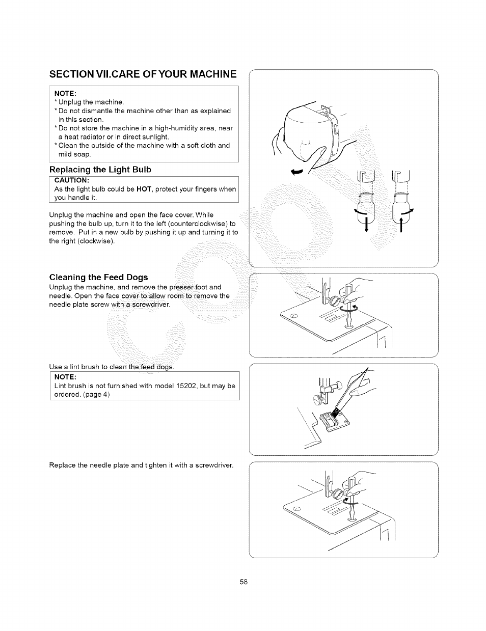 Replacing the light bulb, Cleaning the feed dogs | Kenmore 385.15408 User Manual | Page 56 / 65