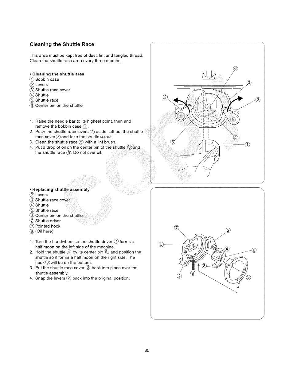 Cleaning the shuttle race | Kenmore 385.15408 User Manual | Page 58 / 65