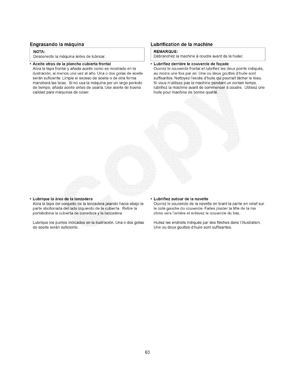 Engrasando ¡a máquina, Lubrification de la machine, Engrasando la máquina | Kenmore 385.15408 User Manual | Page 61 / 65